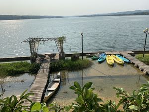 Looking down from my table to the island shoreline .  at Maracuyá in Flores
