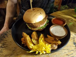 La Vegana Burger (with fries) at Maracuyá in Flores