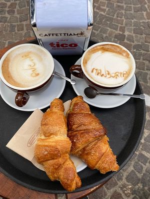 Pistacchio and apricot jam croissants, almond and oat cappuccinos. at Caffettiamo di Raffaele Simonte in Bagnoli