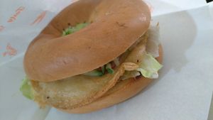 Bacon & egg bagel (vegan egg added at extra cost) at Loving Hut 愛家 in Jian