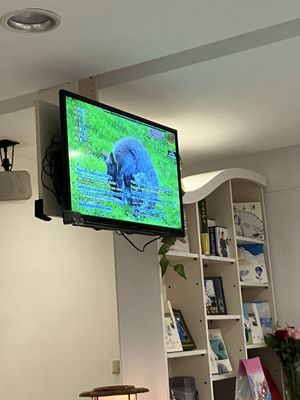 supreme master tv (usually very uplifting)  at Loving Hut 愛家好朋友素食屋 in Penghu