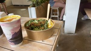 Caesar salad w turmeric latte  at Buddha-Full - Lonsdale in North Vancouver