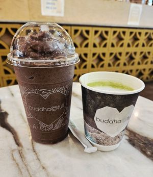 Happy Face Smoothie & Matcha Latte at Buddha-Full - Lonsdale in North Vancouver