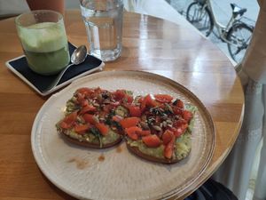 Avocado Basil Toast and Matcha Latte with almond milk at Stolia in Shkoder