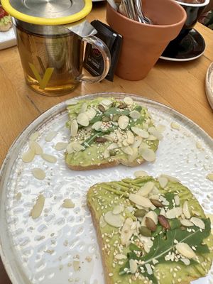 Avocado Toast with arugula and seeds + green tea   at Stolia in Shkoder