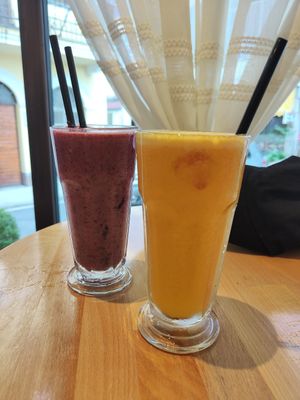 Berry smoothie (with almond milk) and orange and carrot juice at Stolia in Shkoder