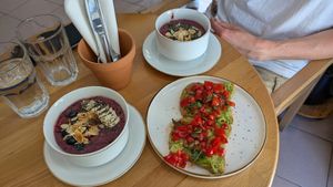 2 berry smoothie bowls & avocado toast at Stolia in Shkoder