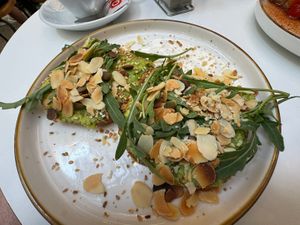 Toast with avocado and almond   at Stolia in Shkoder