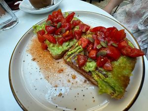 Toast with avocado and tomatoe   at Stolia in Shkoder