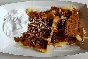 Vegan waffles with biscoff/lotus speculoos and whipped cream (vegan !) at Flossie's in Gwynedd