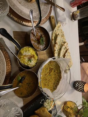 Curries, rice, naan, missi roti (chickpea flatbread)  at Masala Art in Podgorica