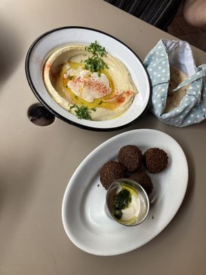 Hummus, falafel, and pita  at NENI in Vienna