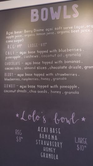 Bowls Menu. The soft server acai is vegan. Ingredients of the soft serve is at the top. at Lolo's Bowls in Libertyville