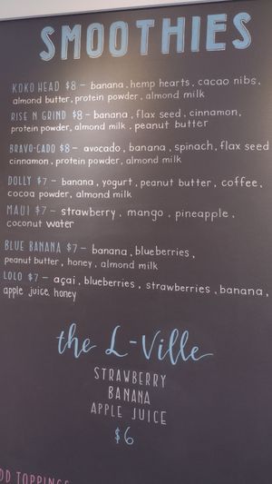 Smoothie menu. Dolly contains dairy yogurt. Bottom two have honey. Others are vegan as is. at Lolo's Bowls in Libertyville