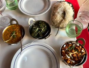 Dahl, saag aloo and chana masala   at Mughal Clay in Quarteira