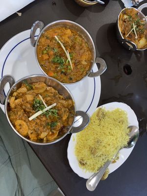 Mushroom bhaji, mixed veg curry, mushroom rice   at Mughal Clay in Quarteira