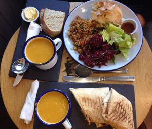 Soup, salad with vegan haggis & haggiswrap at Hendersons in Edinburgh