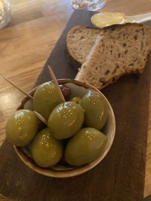 Olives and sourdough   at Hendersons in Edinburgh