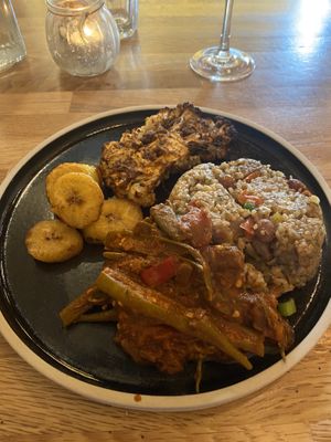 Cauliflower steak, plantains, green beans and rice. Yum   at Hendersons in Edinburgh