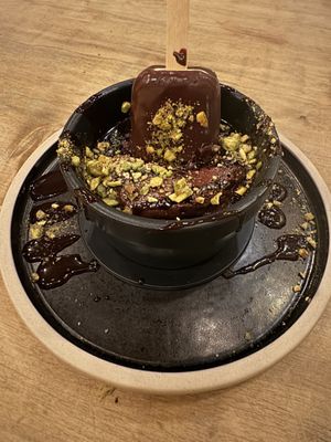 Lava brownie with pistachio ice cream lolly   at Hendersons in Edinburgh