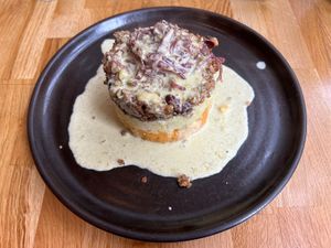 Vegan Haggis in a fancy presentation .  at Hendersons in Edinburgh