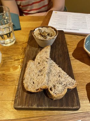 Mushroom, roasted garlic + faragon pate  at Hendersons in Edinburgh