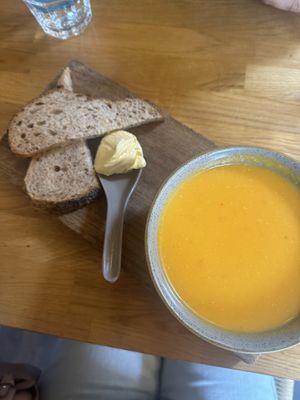 Soup of the day with vegan butter  at Hendersons in Edinburgh