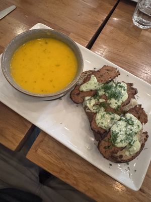 Pastrami sandwich, carrot and gingers soup   at Hendersons in Edinburgh