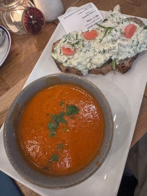 Tomato & Red Pepper soup with a smoked tofu cottage cheese sandwich. Delish!   at Hendersons in Edinburgh