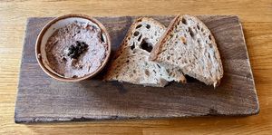 Pate: Edinburgh oyster mushroom + sour cherry molasses pate, balsamic pearls + sourdough  at Hendersons in Edinburgh