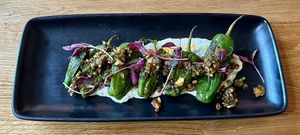 Padron peppers: Charred Padron peppers, ajo blanco, smoked almonds gremolata, urfa chilli oil + lemon wedge   at Hendersons in Edinburgh