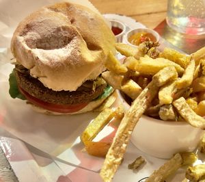 BBQ burger with falafel patty  at Hello! in Medellin