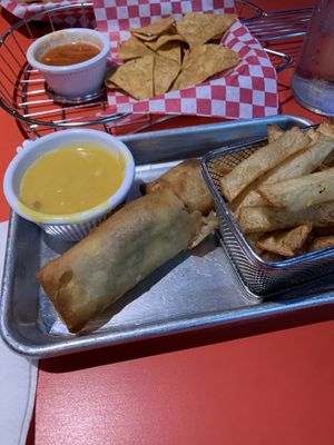 Bean and chorizo burritos, vegan cheese, and French fries at Snack Stop in Pharr