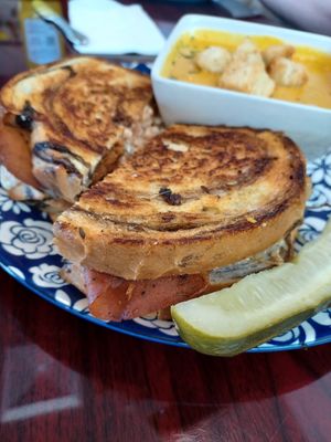 Reuben with Herbivorous Butcher pastrami. Coconut carrot ginger soup. at Sweet Hazel & Co Grab & Go in Salt Lake City