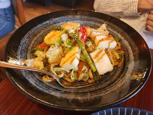 Veggie yaki noodles (choice of udon noodles) at Yua Japanese Bistro in Victoria