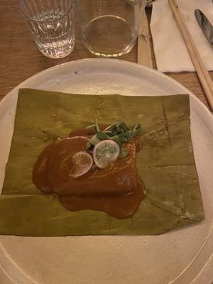 Mushroom tamal with yellow mole at Hotel Sin Nombre in Oaxaca