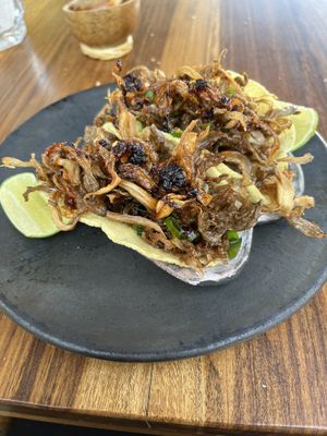 Fried mushroom tacos.  Tasty, but little substance. Wouldn’t order again. at Hotel Sin Nombre in Oaxaca