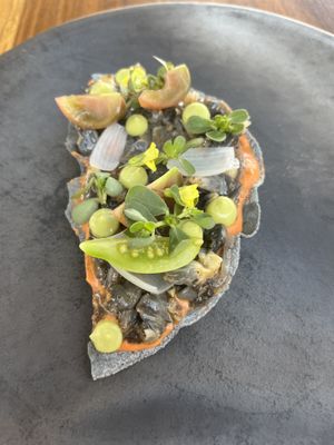 Tostada of some kind.  I’m not that big into tostadas. I would’ve preferred these toppings in a taco or something.  I’d order again. at Hotel Sin Nombre in Oaxaca