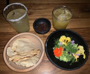 Floral guacamole with passion fruit and mezcal cocktail   at Hotel Sin Nombre in Oaxaca