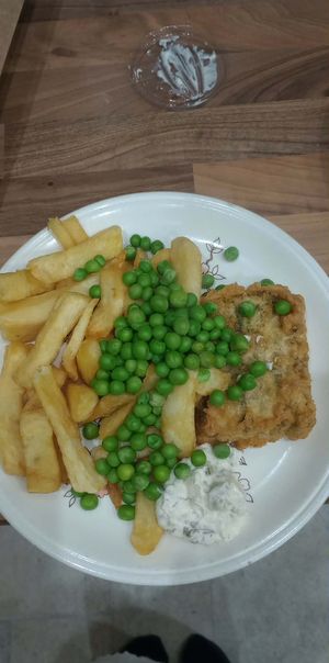 Tofish, chips and tartare sauce. I added the peas at home. at Seacrest Fish and Chips in Southend-on-sea