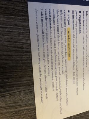 Vegan menu   at High Tide in Farmingdale