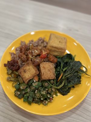 This dish cost $7.10 (brown rice + 5 ingredients)  at Makan Vegan 斋这里 - Toa Payoh in Central Singapore
