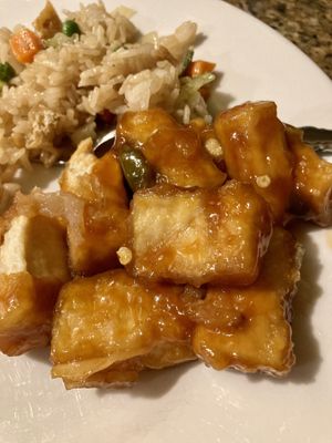 A not-great-picture of the Sizzling Tofu at Loving Hut in Elk Grove
