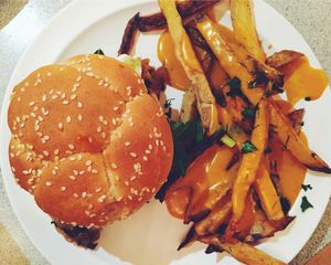 Burger and fries at Loving Hut in Elk Grove