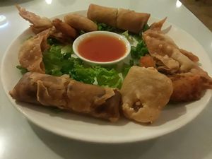 Golden Sampler: Soy nuggets, wontons, rolls and spicy Cha Cha at Loving Hut in Elk Grove