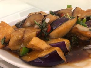 Basil Eggplant at Loving Hut in Elk Grove