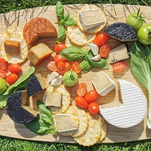 Cheeseboard in the sunshine feat. Brie, Blue, Garlic Ash & Smoked cheeses at White Rabbit Kitchen in Chester