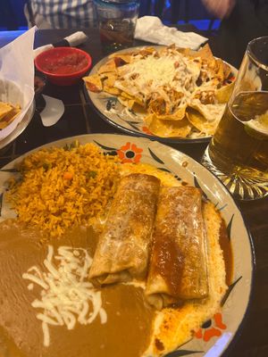 Rice, beans, bean chimichanga’s, vegan cheese  at Azul Mexicano in North Charleston