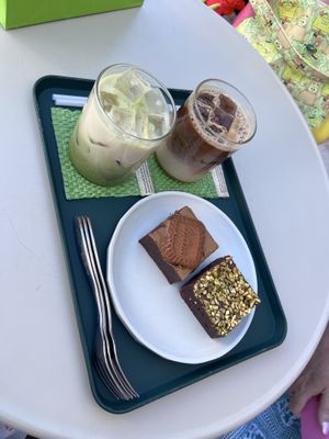 Iced Matcha with oat, iced vanilla latte with oat, pistachio + biscoff brownie   at Jisok in Seoul