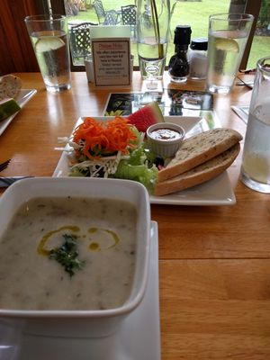Potato soup and a salad. Both vegan and both amazing! at Cafe Ono in Volcano